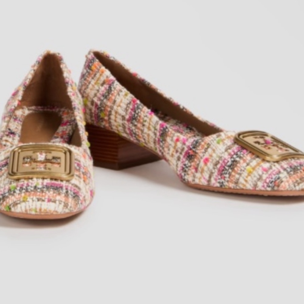TORY BURCH TWEED GOLD LOGO SHOES!! Classy, versatile, quality! New 7